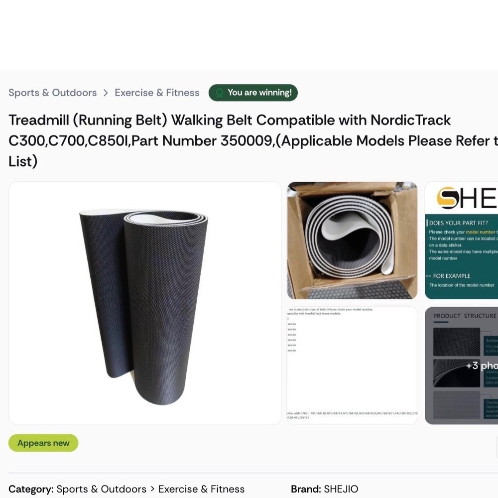 SHEJIO Treadmill Walking Belt for NordicTrack C300 C700 C850I Part 350009 Black